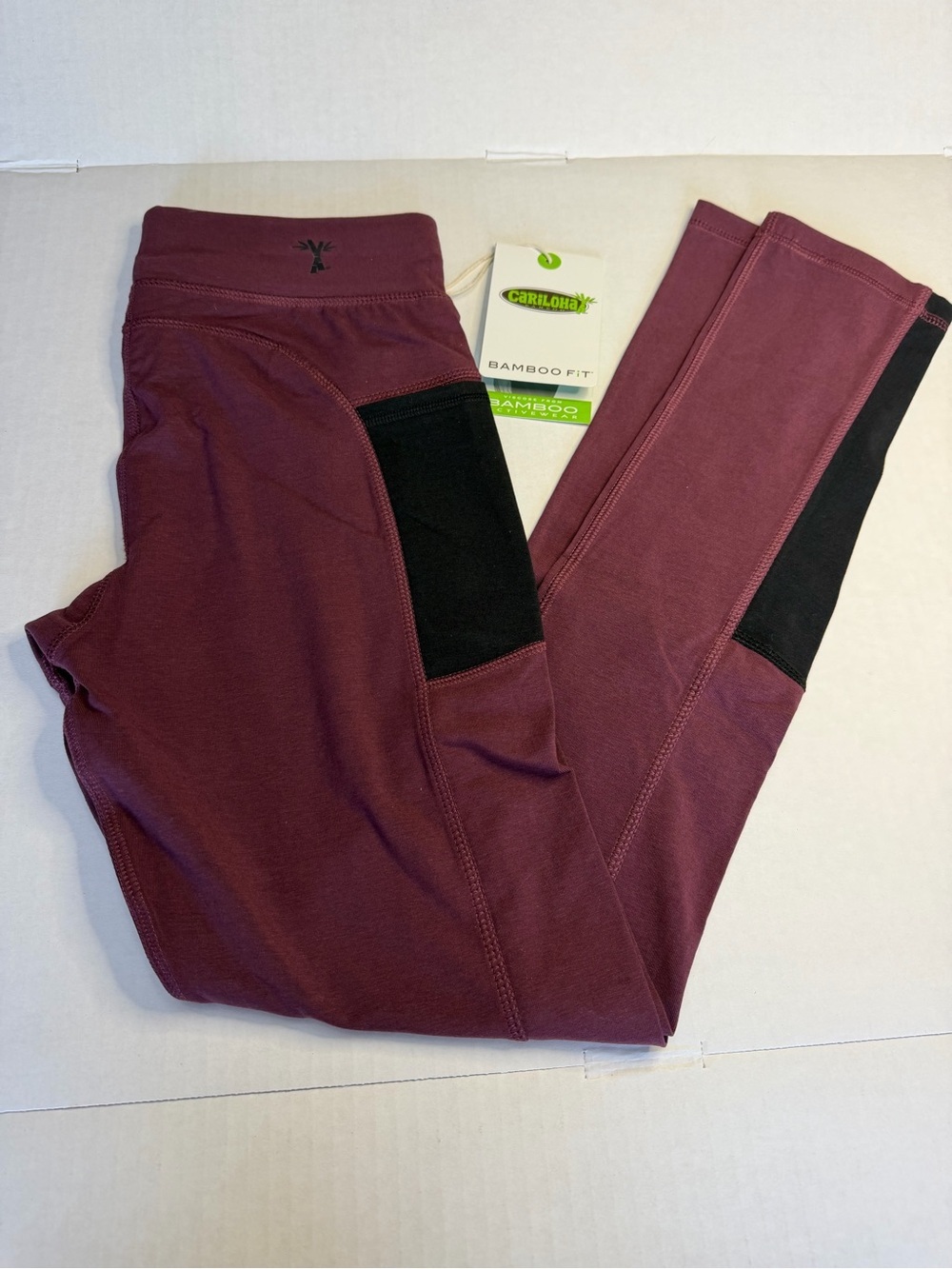 Cariloha Women's Bamboo Fit Ankle Leggings in Burgundy with Black Panels